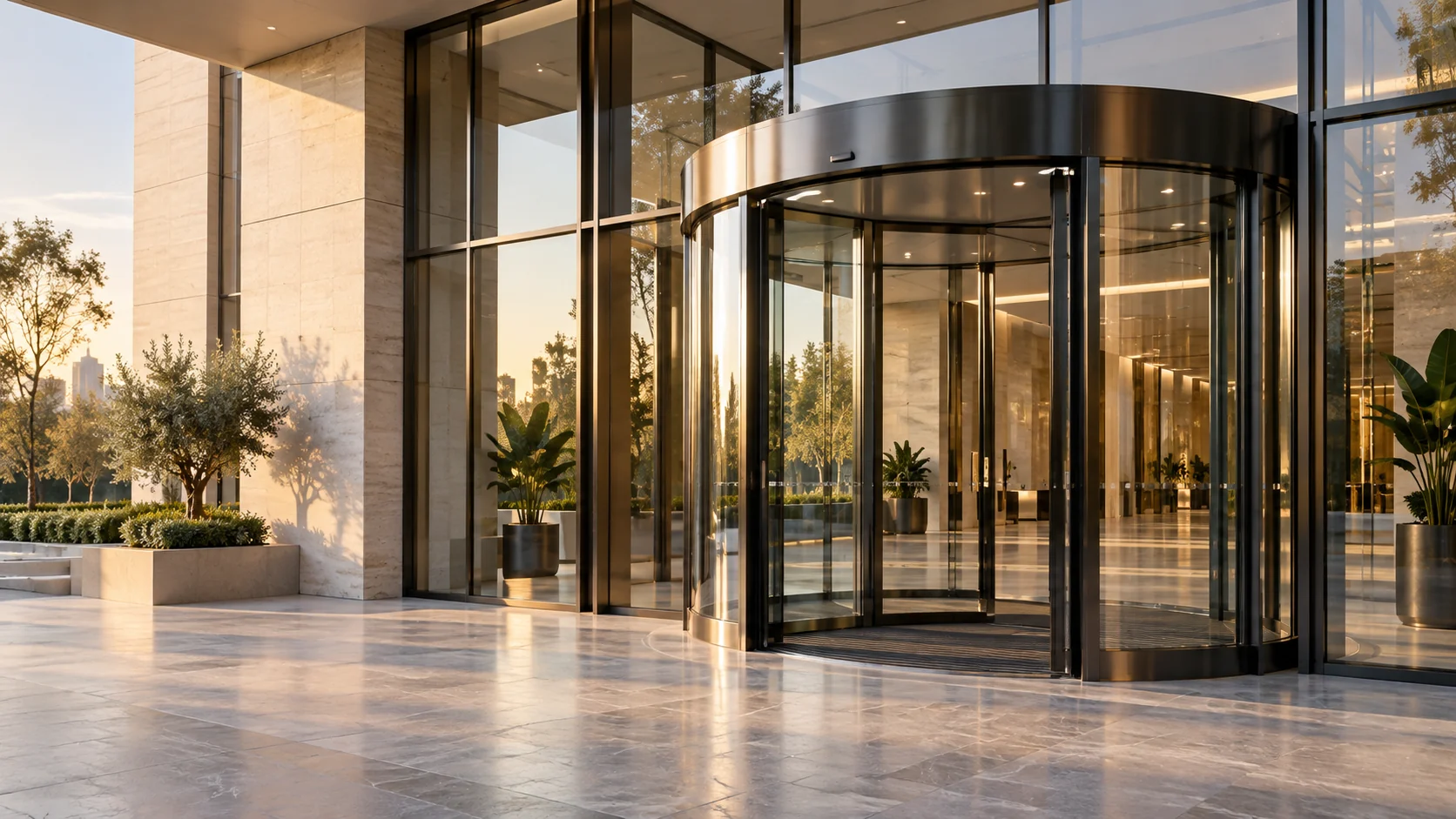 Modern commercial entrance with a glass revolving door